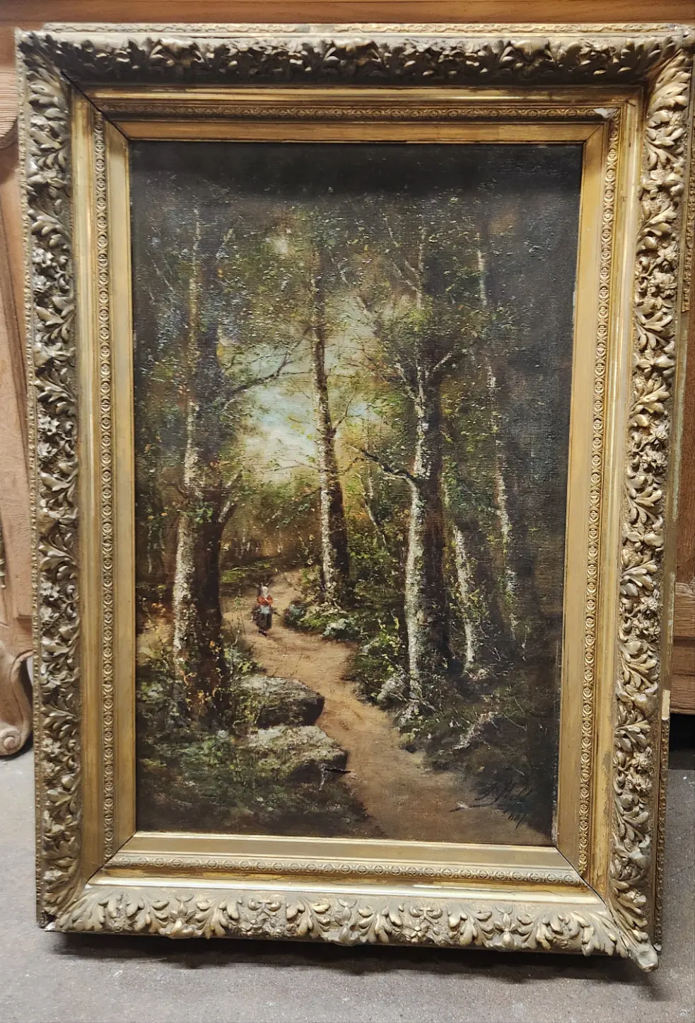 Gold Framed Vertical Oil Painting Of Lady In Woods 1