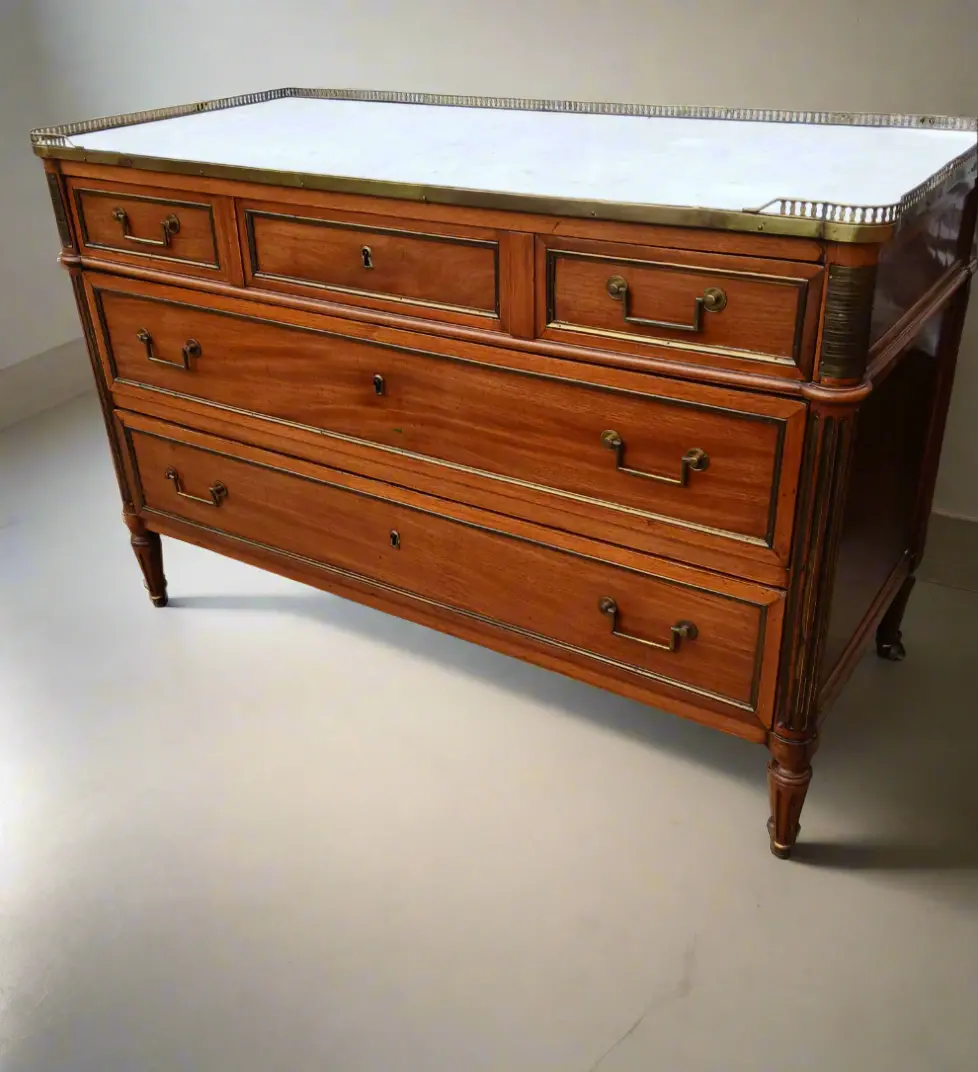 Louis Xvi Mahogany 3 Drawer Chest With Marble Top And Brass Gallery Rail As Found 1