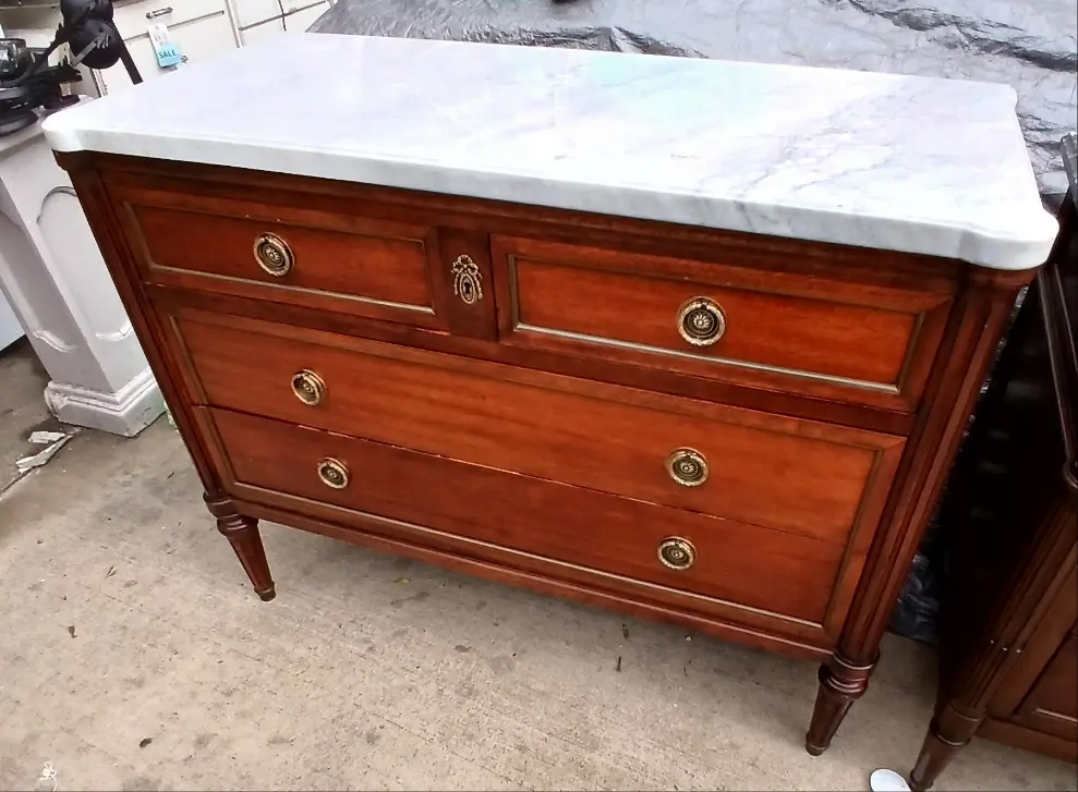 `Louis Xvi Mahogany Marble Top 4 Drawer Chest With Ring Pulls 1