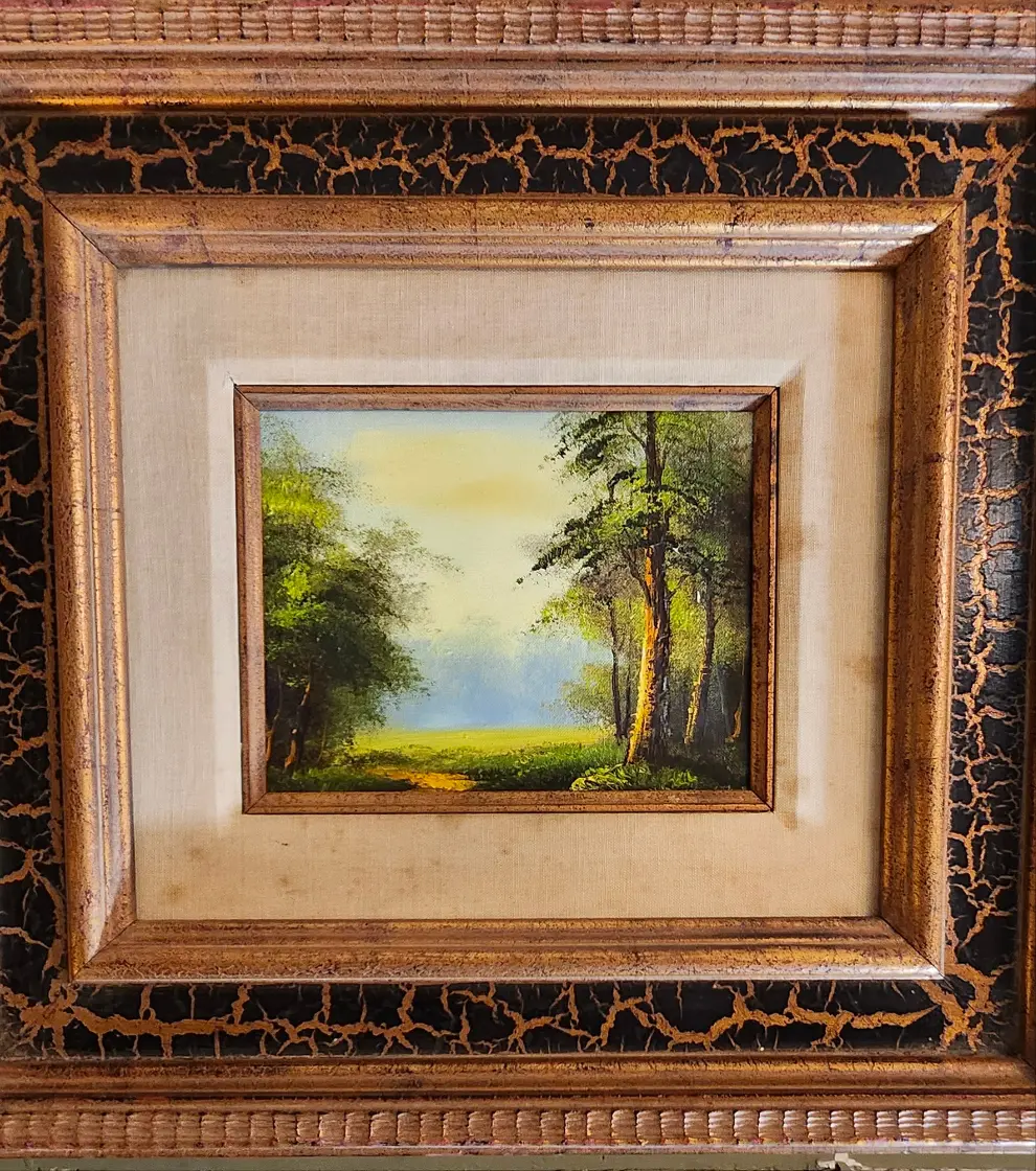 Small Gold Framed Oil Painting Of Trees Frame With Black Crackle 1