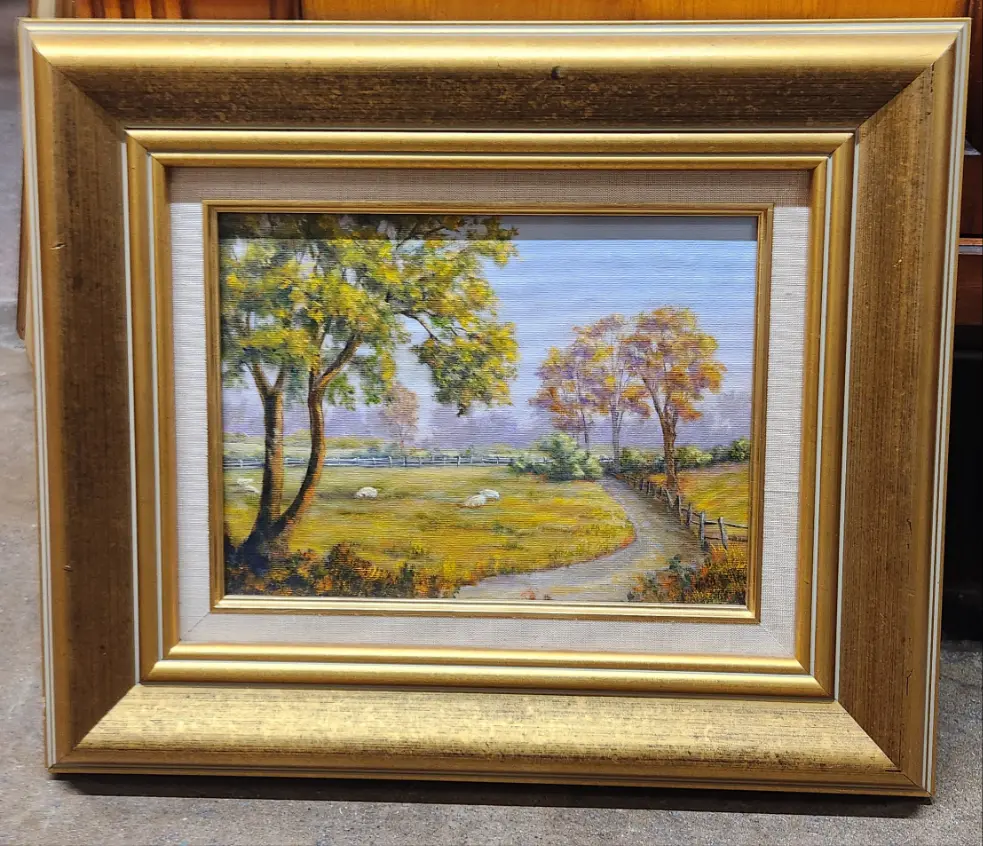 Framed Sheep In  Pasture Oil Painting 1