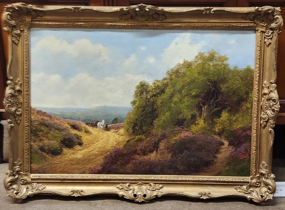 Gilt Framed Landscape Oil Painting With Horse And Wagon On Road-Signed John Clayton Adams 1