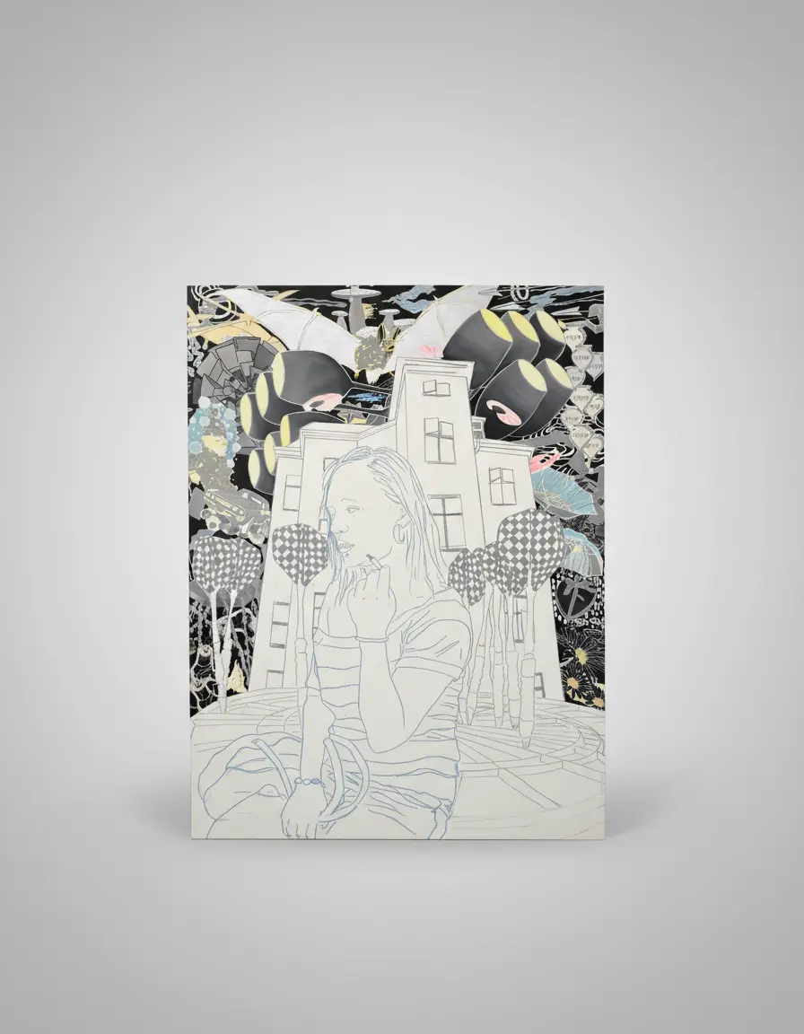 Large Unframed Paintin Of A Girl In Black And White With Some Color Signed Trine Boesea 1