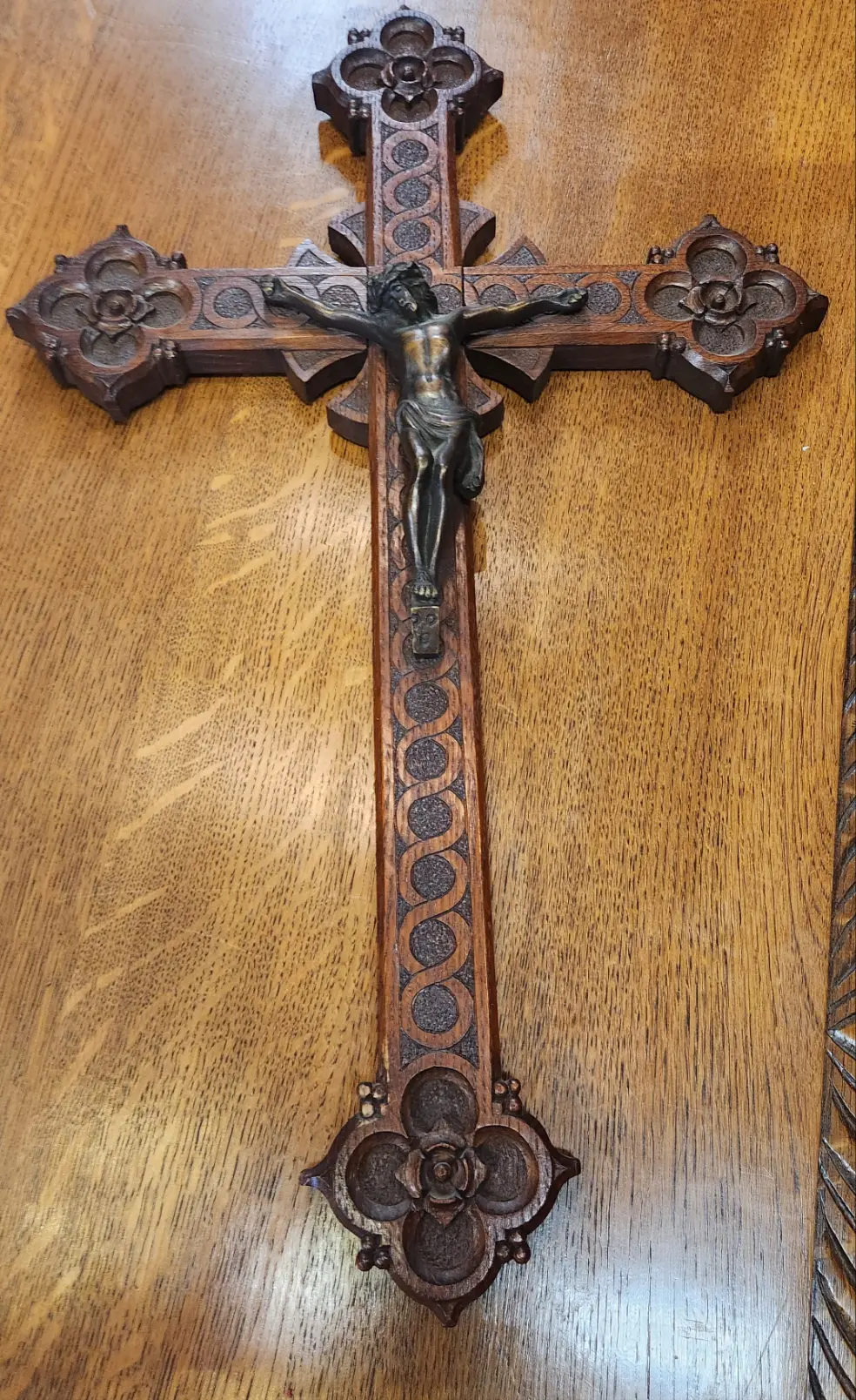 Large Oak Carved Crucifix With Bronze 1