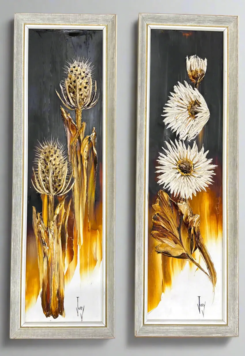 Pair Of Mid Century Modern Impasta Flower Paintings 1