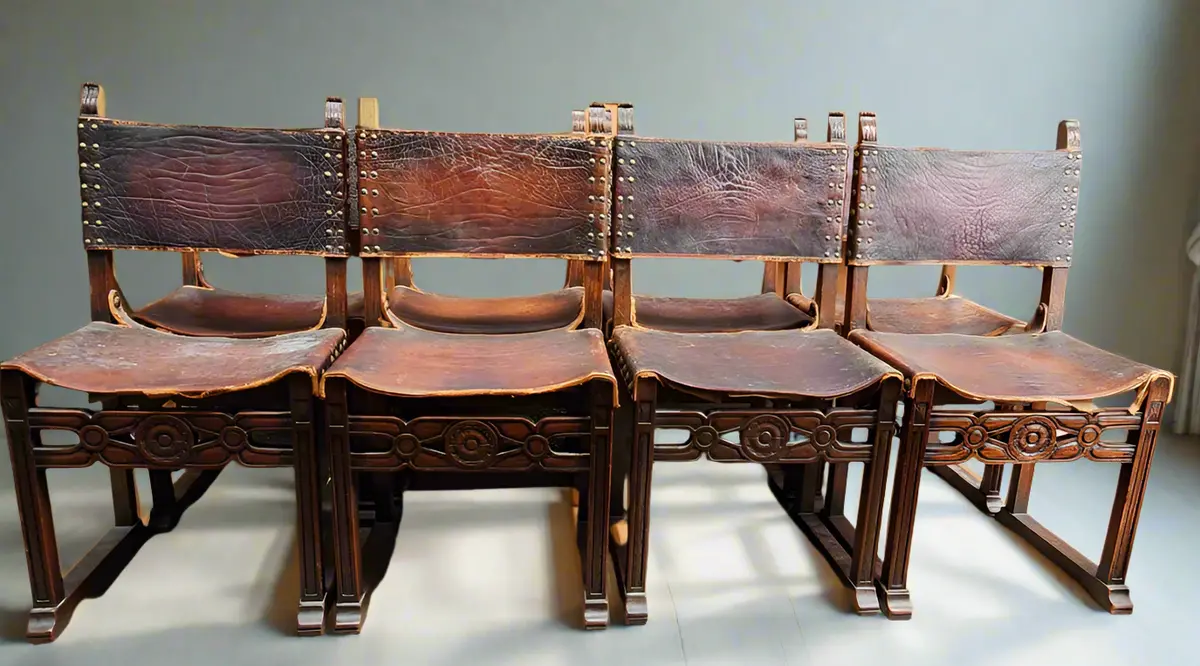 Set Of 8 Spanish Oak With Leather Chairs 1