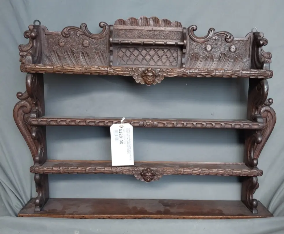 Ornate French Dark Oak Plate Rack With Cherub Heads 1