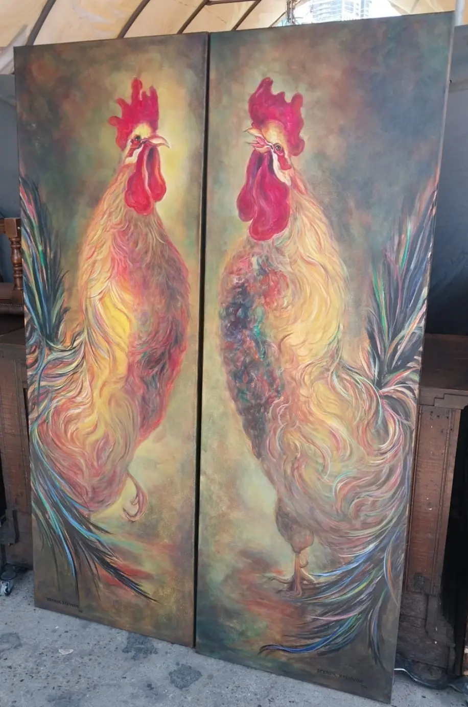 Pair Of Tall Rooster Oil Paintings 1