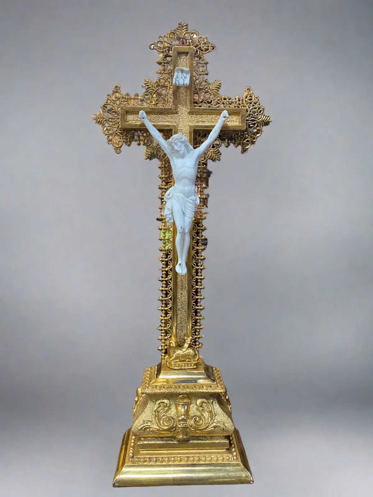 Brass And Wood Gilt Crucifix With Bisque Corpus 1