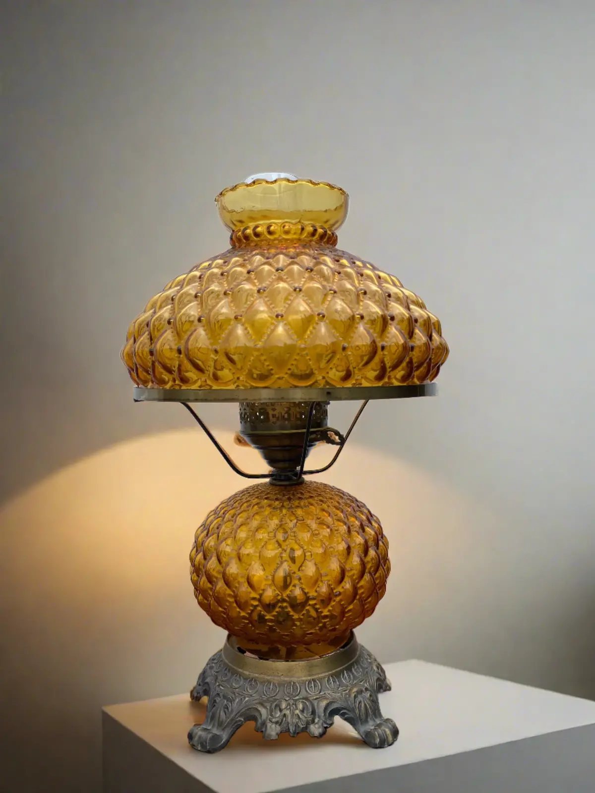 Amber Hobnail Glass Table And Shade 1