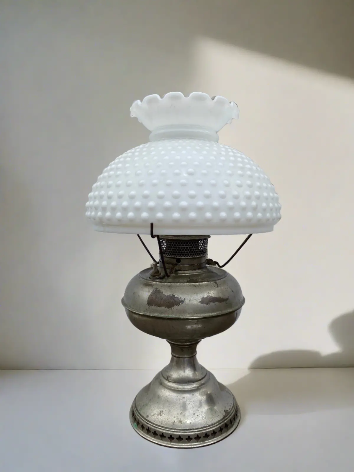 Electrfied Silver Oil Lamp With Hobnail Milk Glass Shade 1