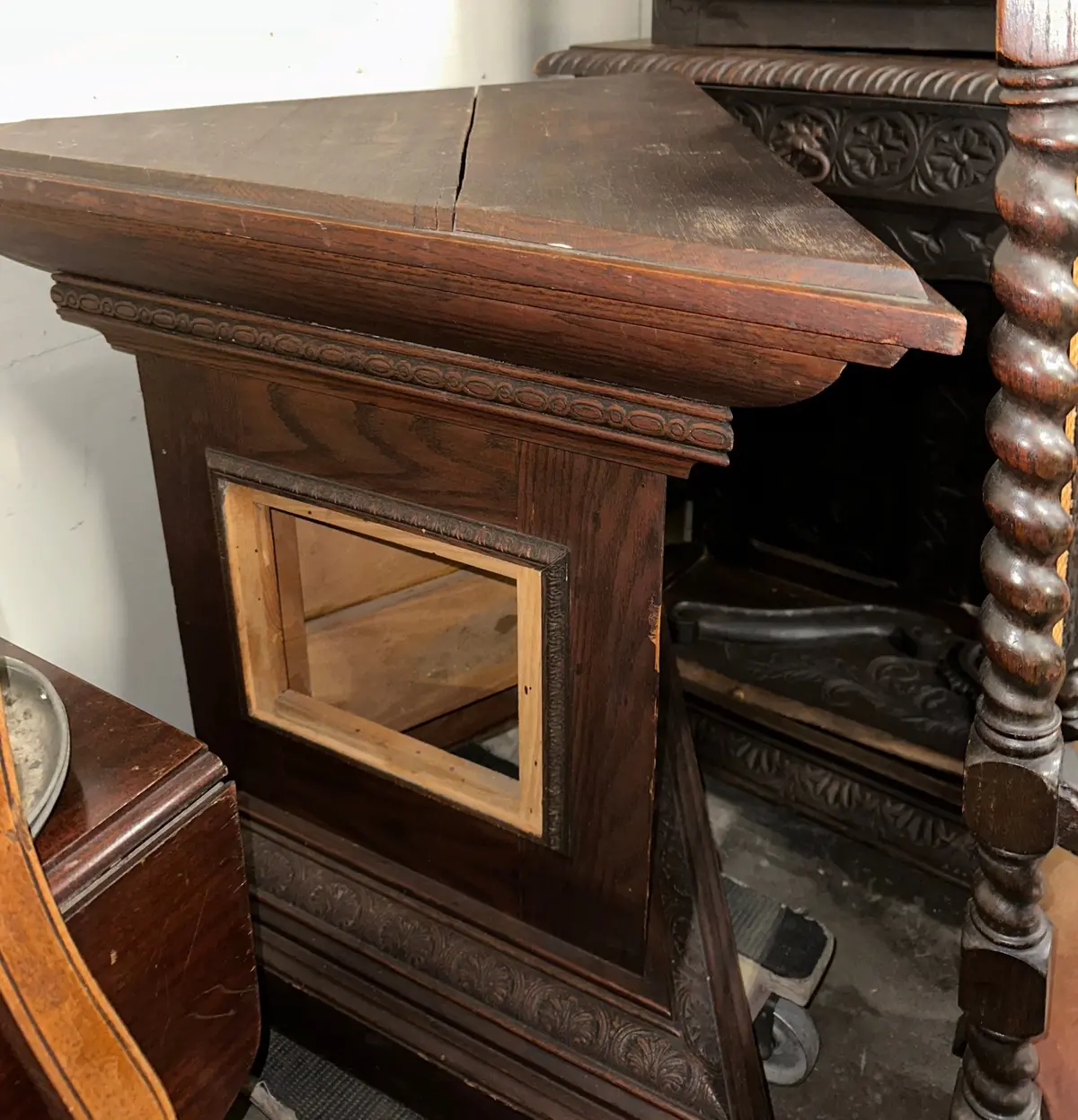 Large Triangle Base Oak Masonic Pedestal With Incised Carved Stars 1
