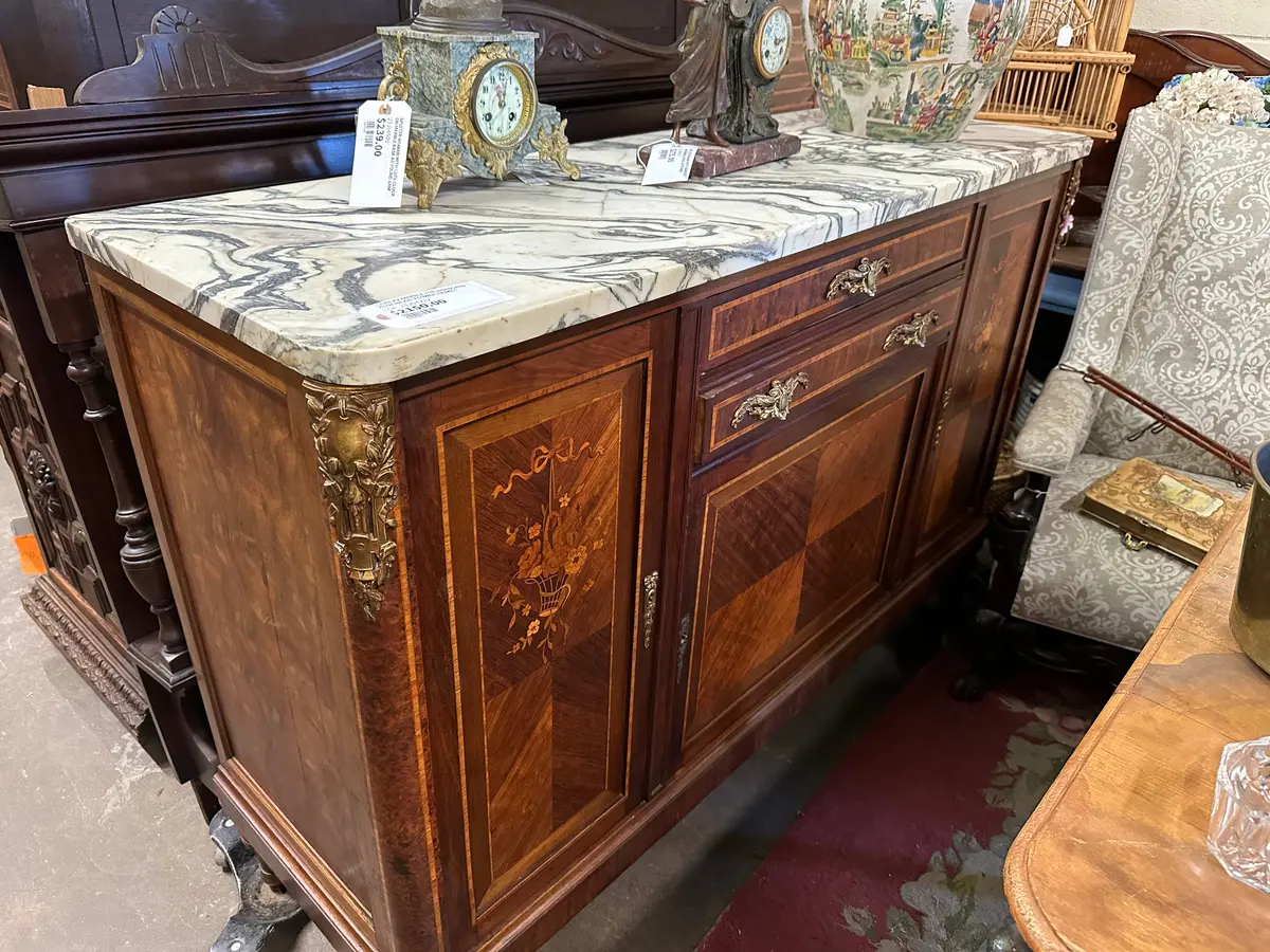 Louis Xv Marble Top Sideboard With Inlaid Flower Basket 1