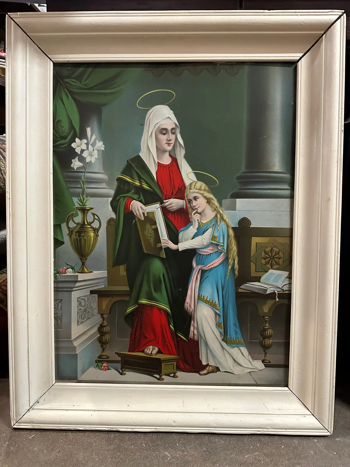 St Anne And Our Lady Teaching Oil Painting On Board 1