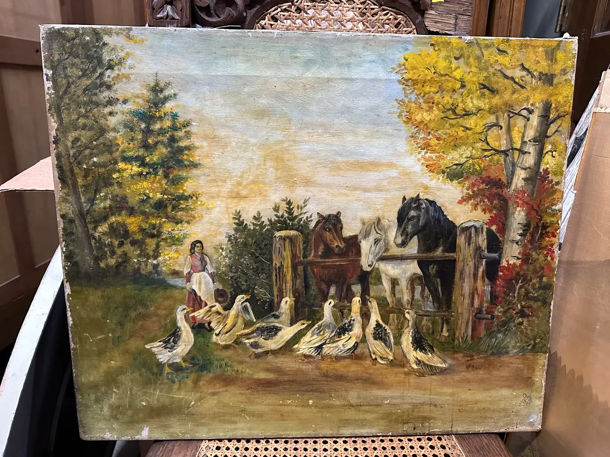 1800'S Oil Painting Of A Woman,, Horses, And Geese 1
