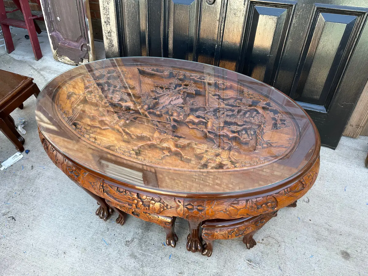 Carved Asian Glass Top Coffee Table With 6 Side Tables 1