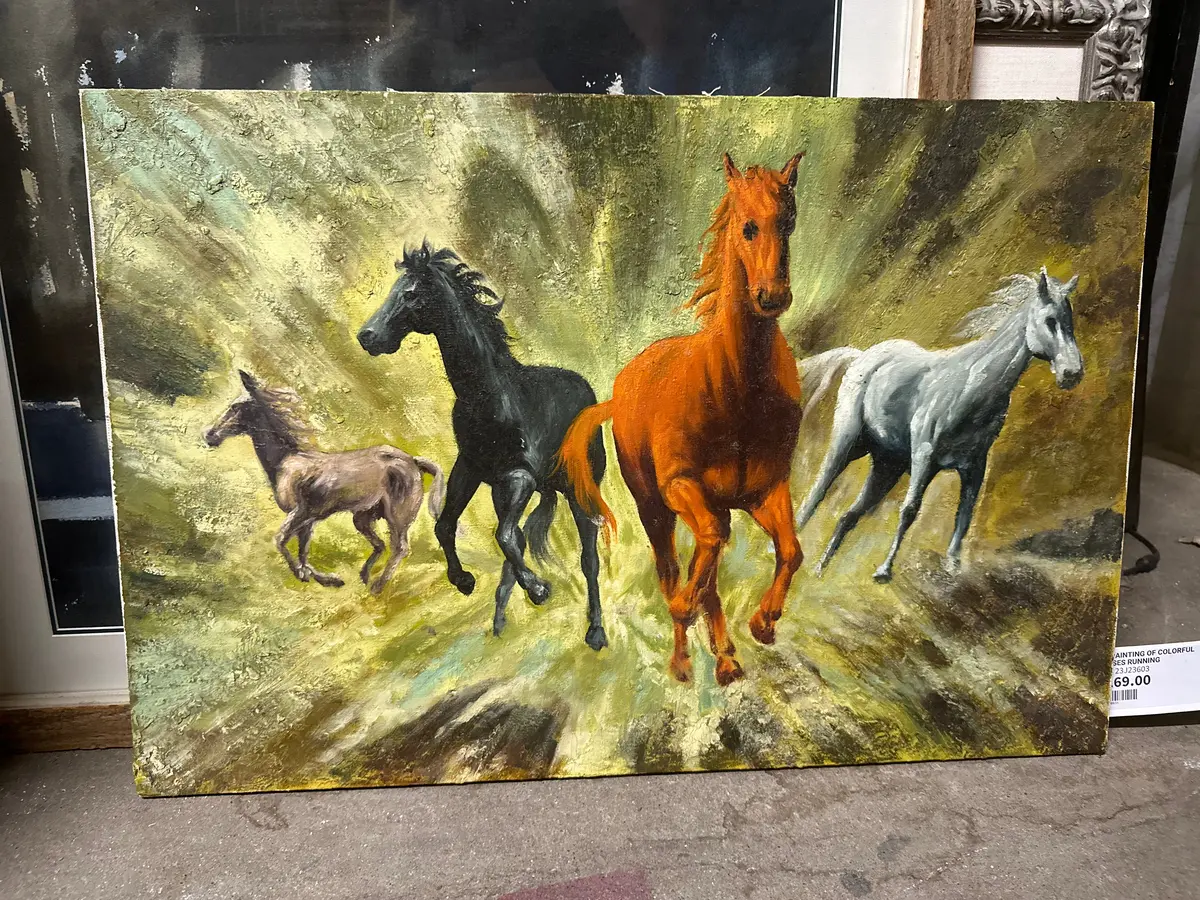 Oil Painting Of Colorful Horses Running 1