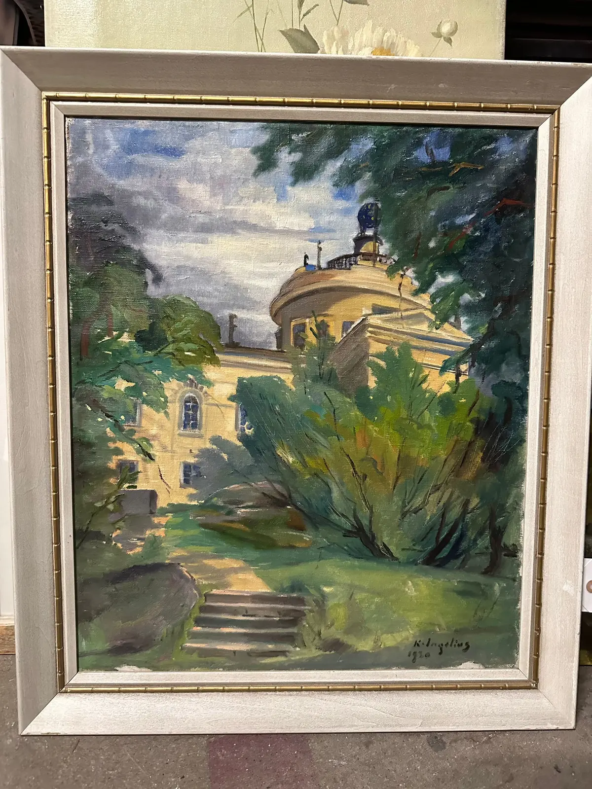 Oil Painting Of Building And Trees Signed 1