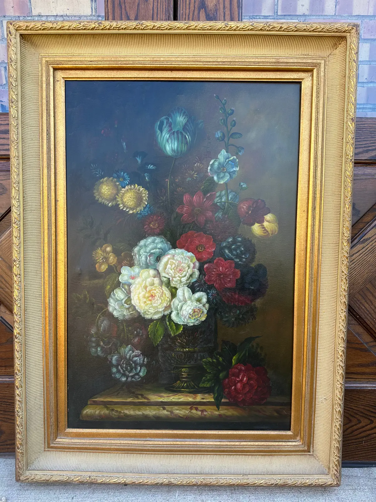 Large Floral Bouquet Oil On Canvas Signed 1