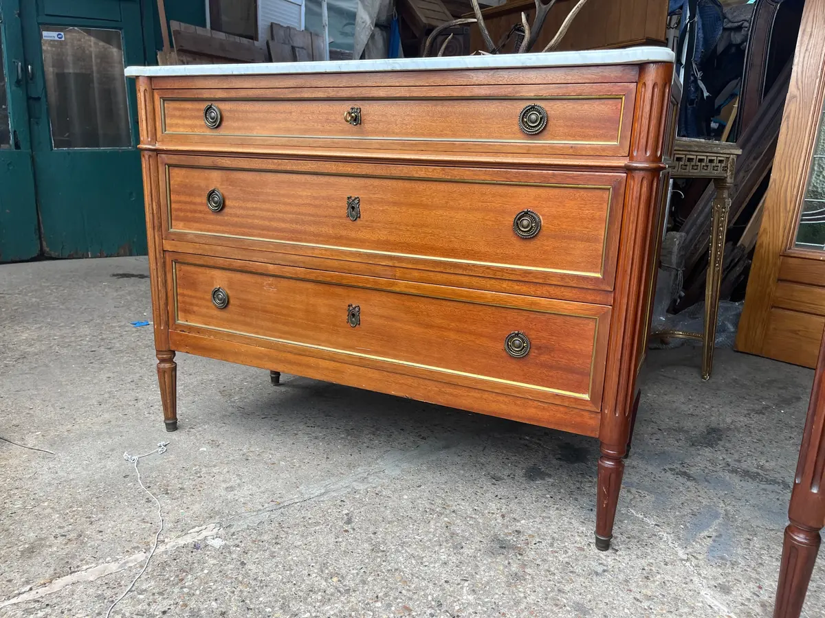 Mahogany Three Drawer White Carrera Marble Top Louis Xvi Chest 1