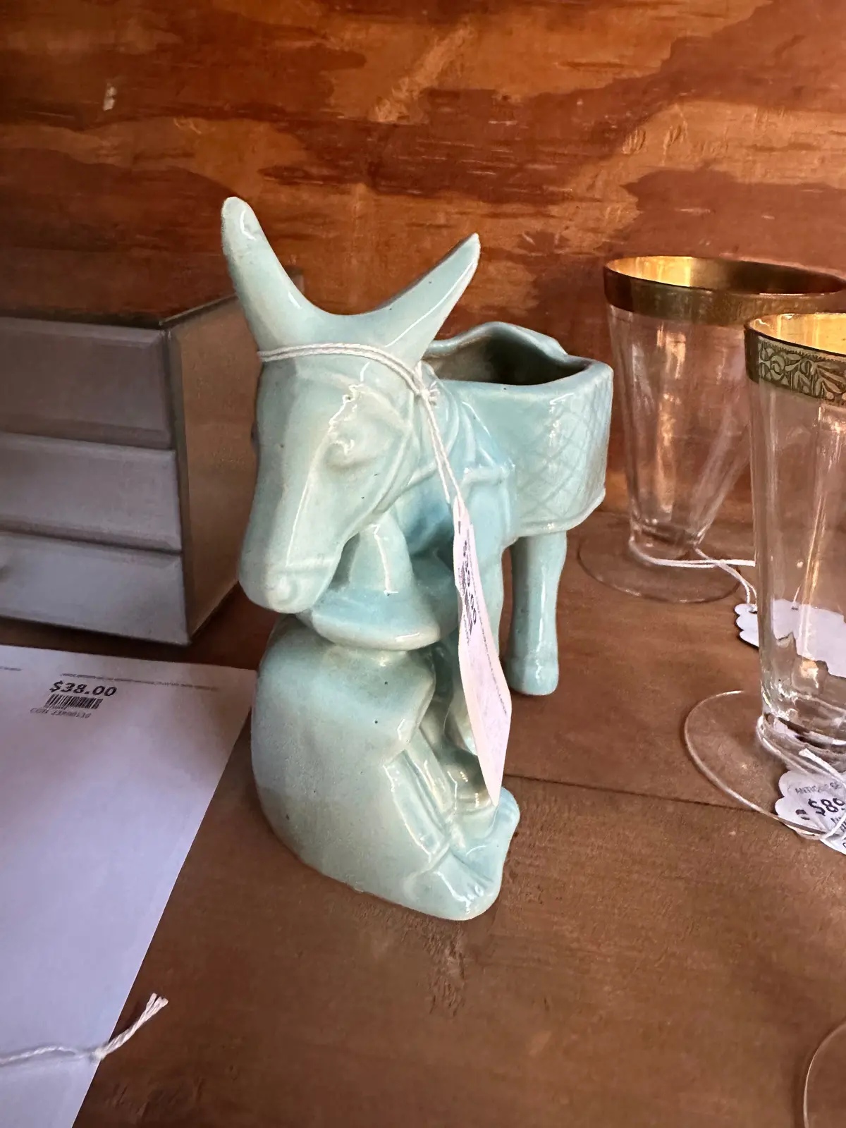 1940S Turqouise Ceramic Burro And Cart Planter 1