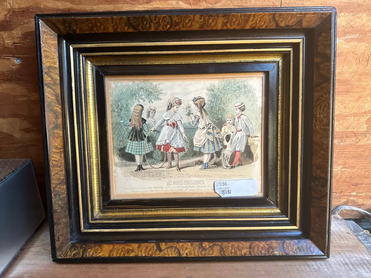 Pair Of Small Burled Frame Colored Prints Of Ladies And Children 1