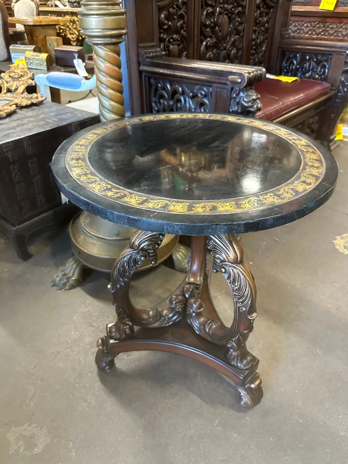 French Style Marble Clad Top Brass Boulle Inlaid Lamp Table-Not Old 1