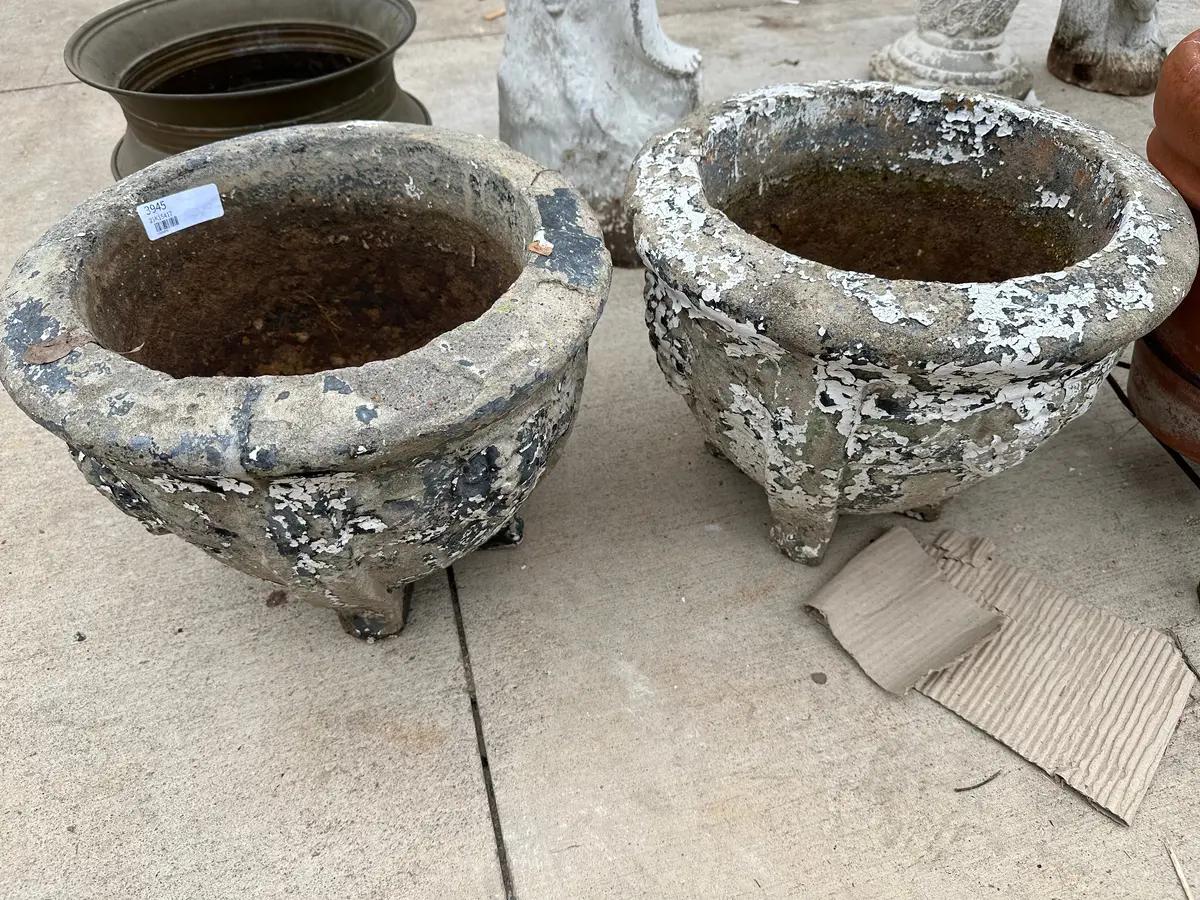 Pair Of Old Round Concrete Footed Planters 1