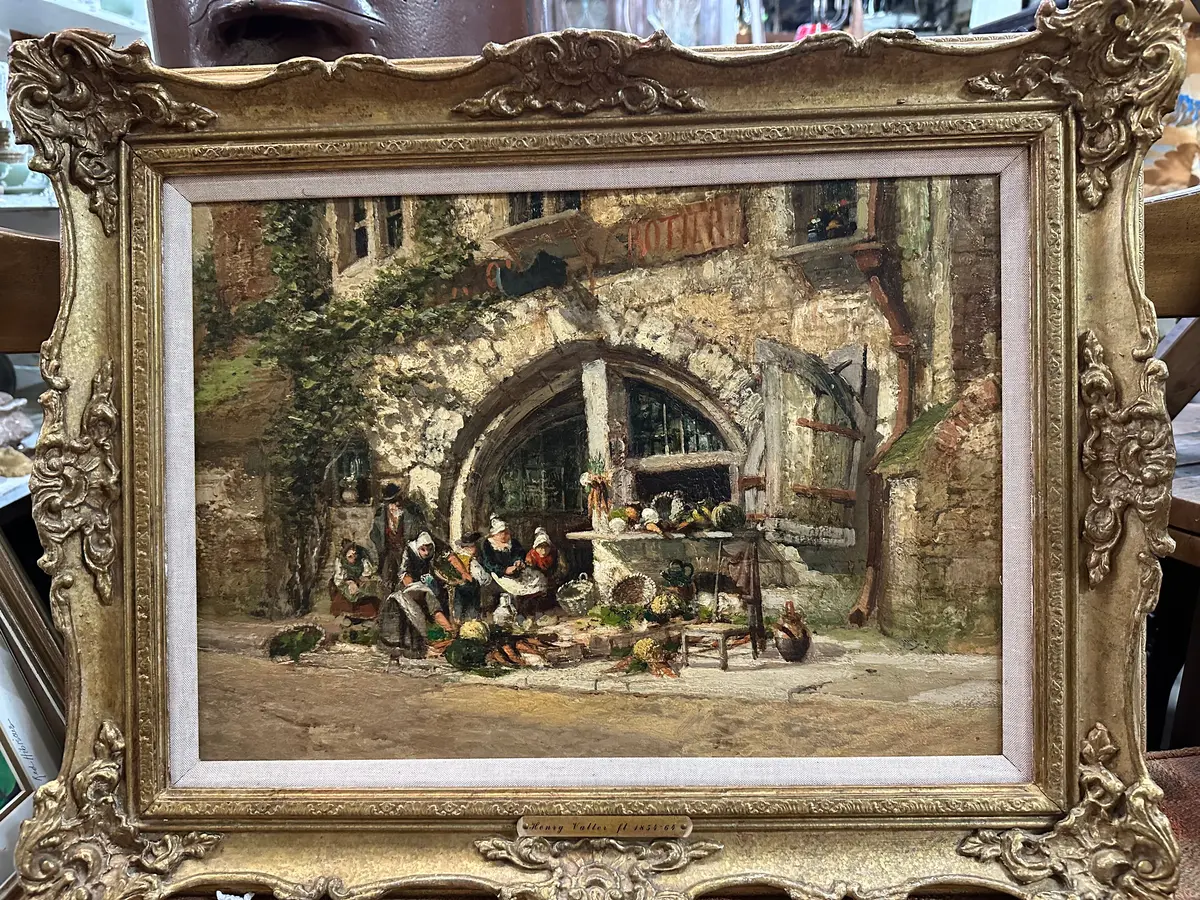 Framed Market Scene Painting By Henry Valter 1