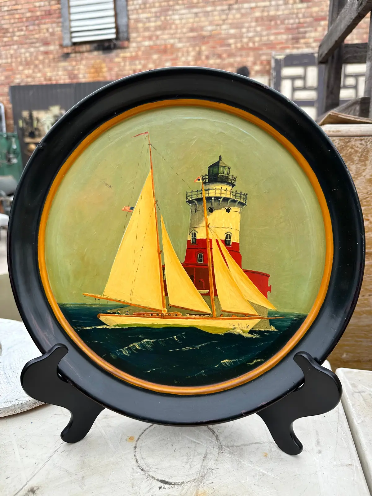 American Tole Tray With Hand Painted Ship On Stand 1