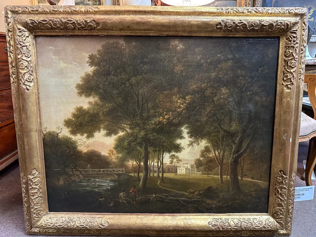Early 19Th Century Manor Painting In Gilt Frame 1