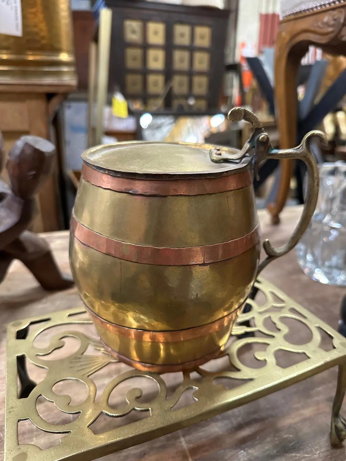 Antique Brass And Copper  Barrel Shaped Stein With Lid 1