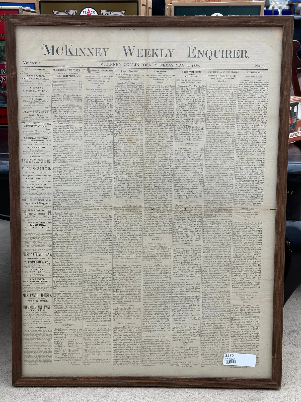 Framed News Paper Page From The Mckinney Weekly Enquirer-1887 1