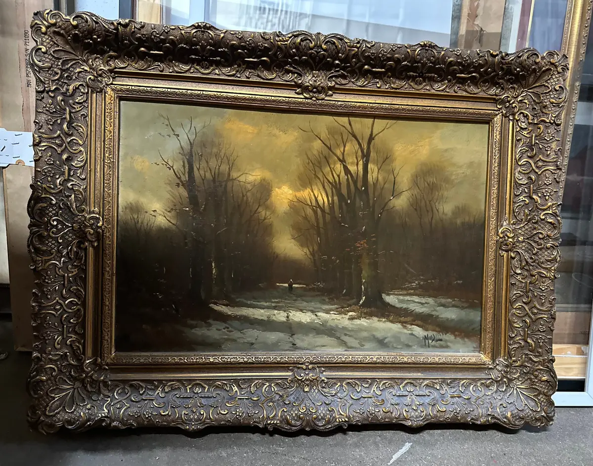 Framed Oil Painting On Wood Of A Peasant In A Winter Wood 1