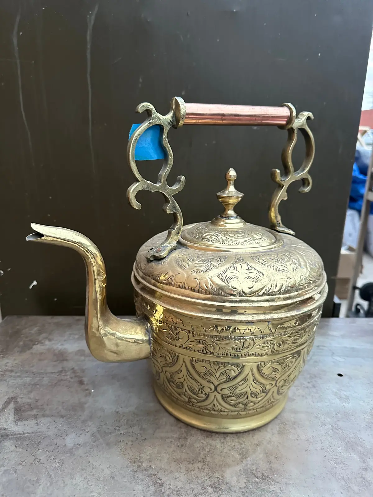 Ornate Brass Tea Pot With Copper Handle 1