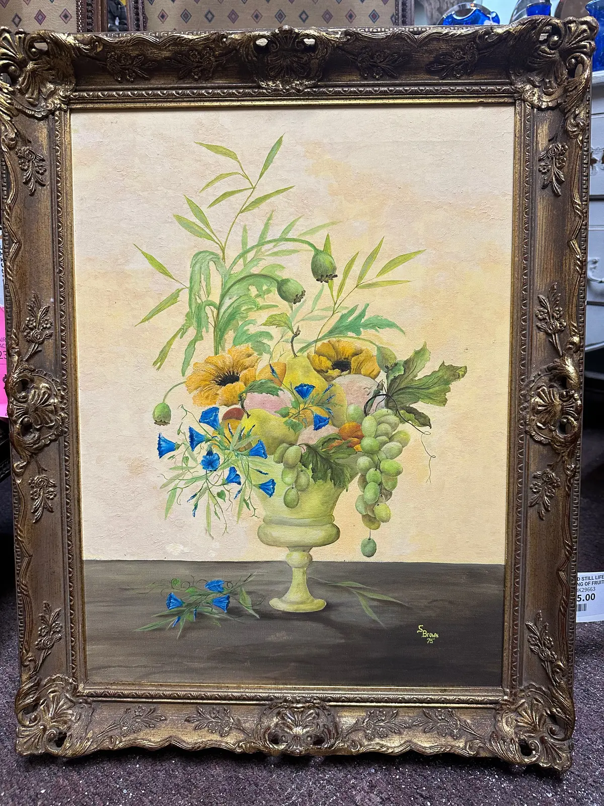 Framed Still Life Oil Painting Of Fruit Ant Flowers 1