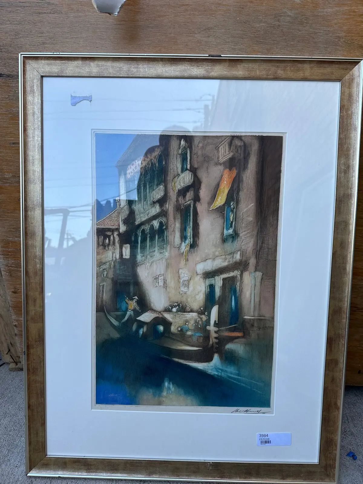 Framed Hand Colored Litho Of A Venetian Canal With Gondola 1