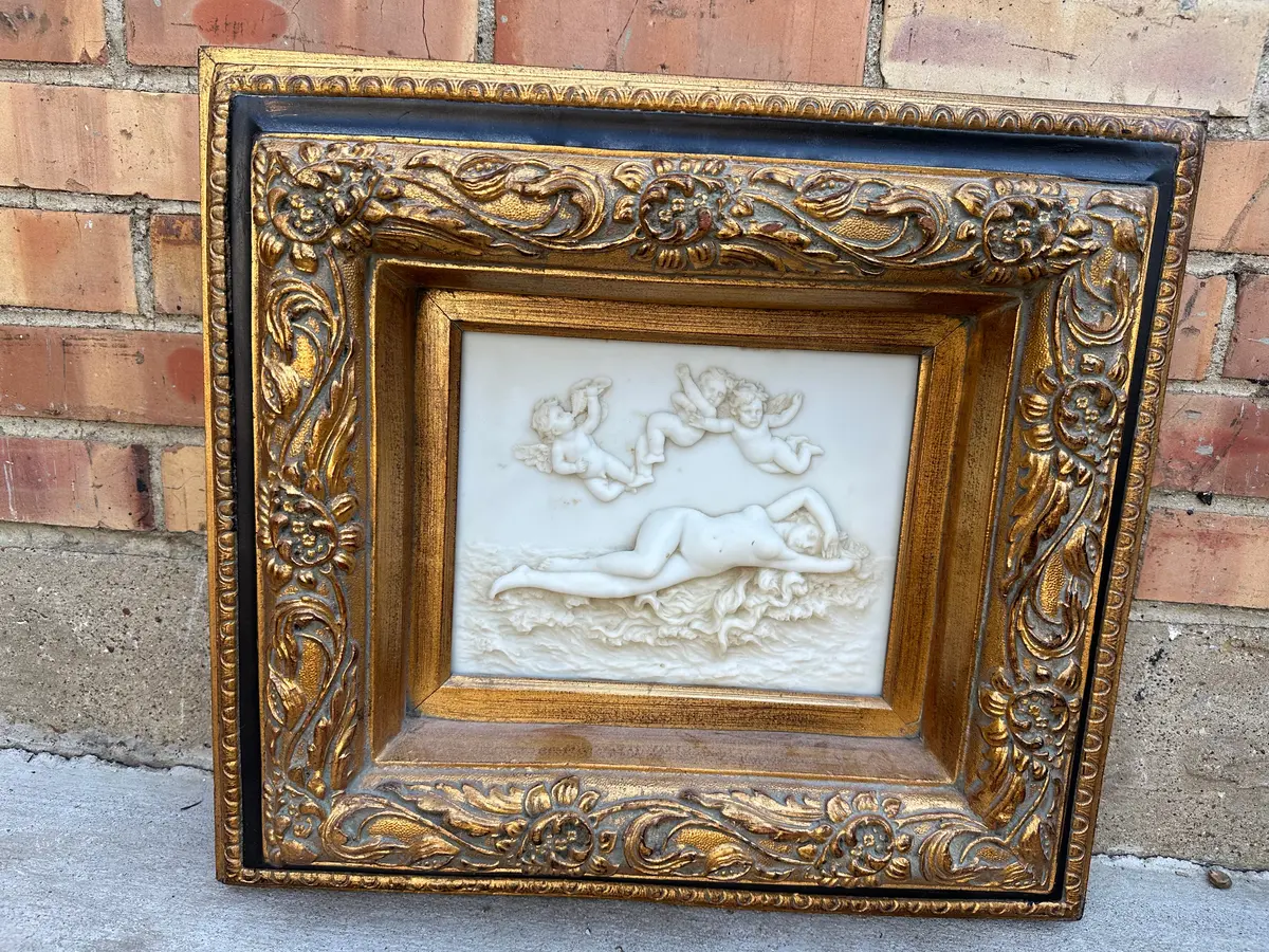 Framed Classical Marble Cast With Cherubs And Nude 1