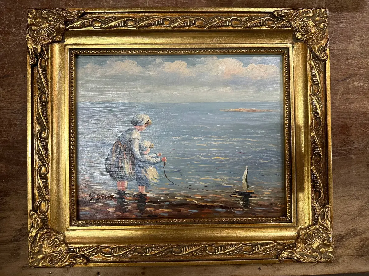 Framed Vintage Seaside Oil Painting On Board 1