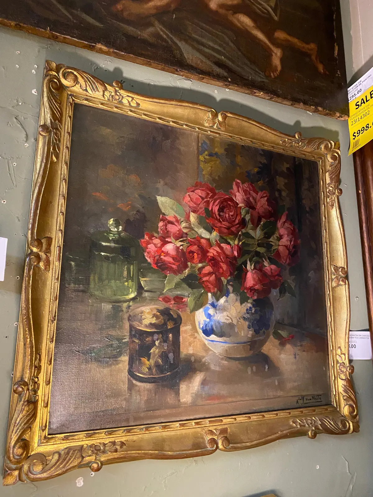 Still Life Oil Paintin On Canvas With Roses And Asian Tea Cannister 1