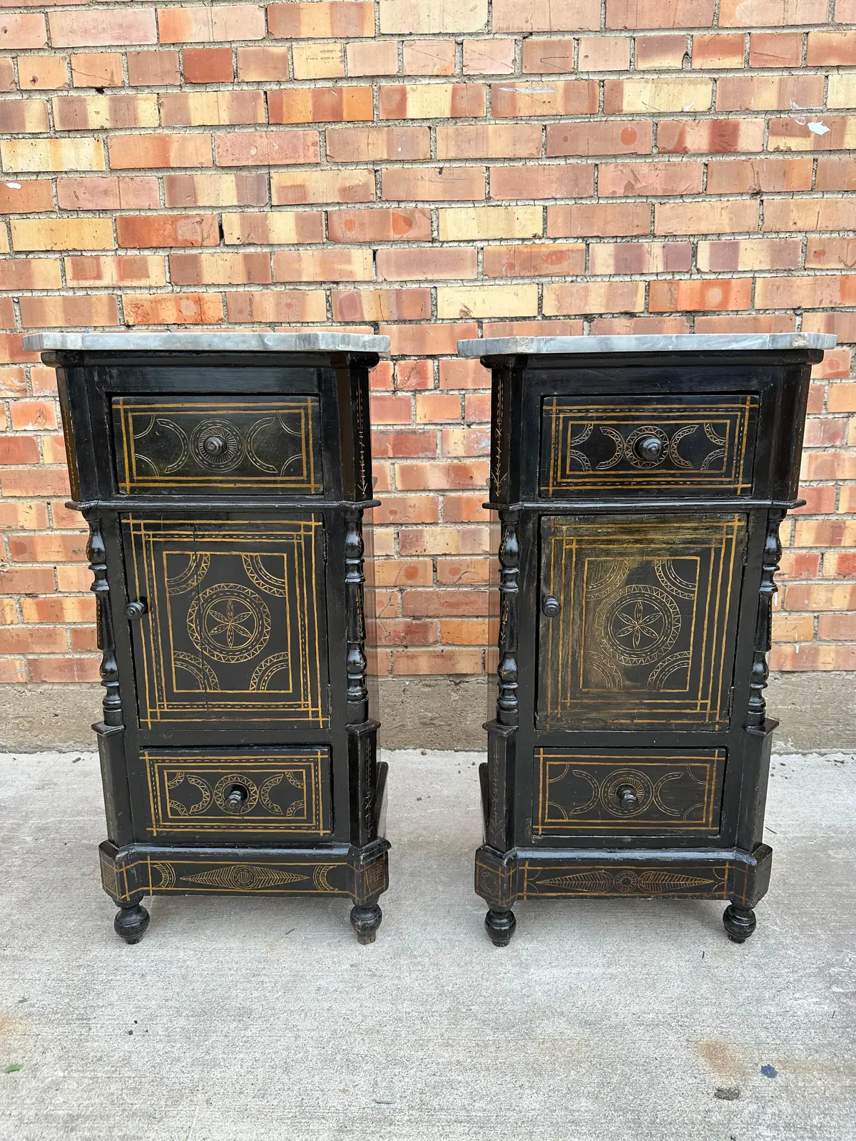 Pair Of Ebonized Marble Top Night Stands 1