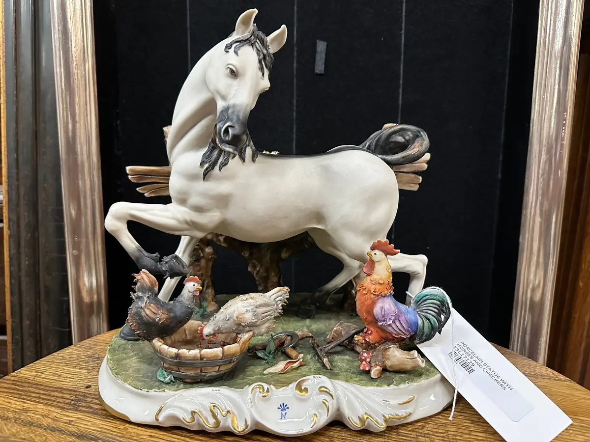 Porcelain Statue With Horses And Chickens As Found 1