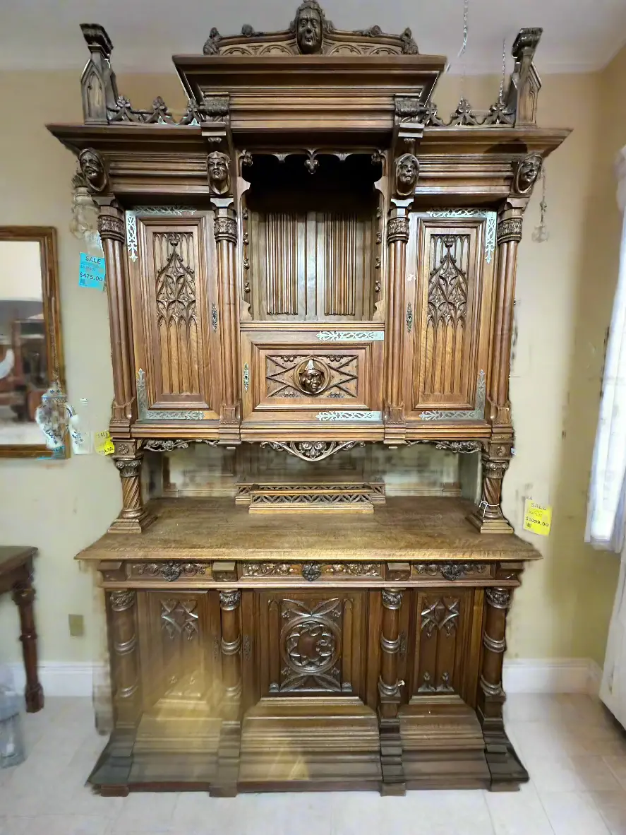 Huge French Gothic Walnut Hunt Cabinet With Carved Monks 1