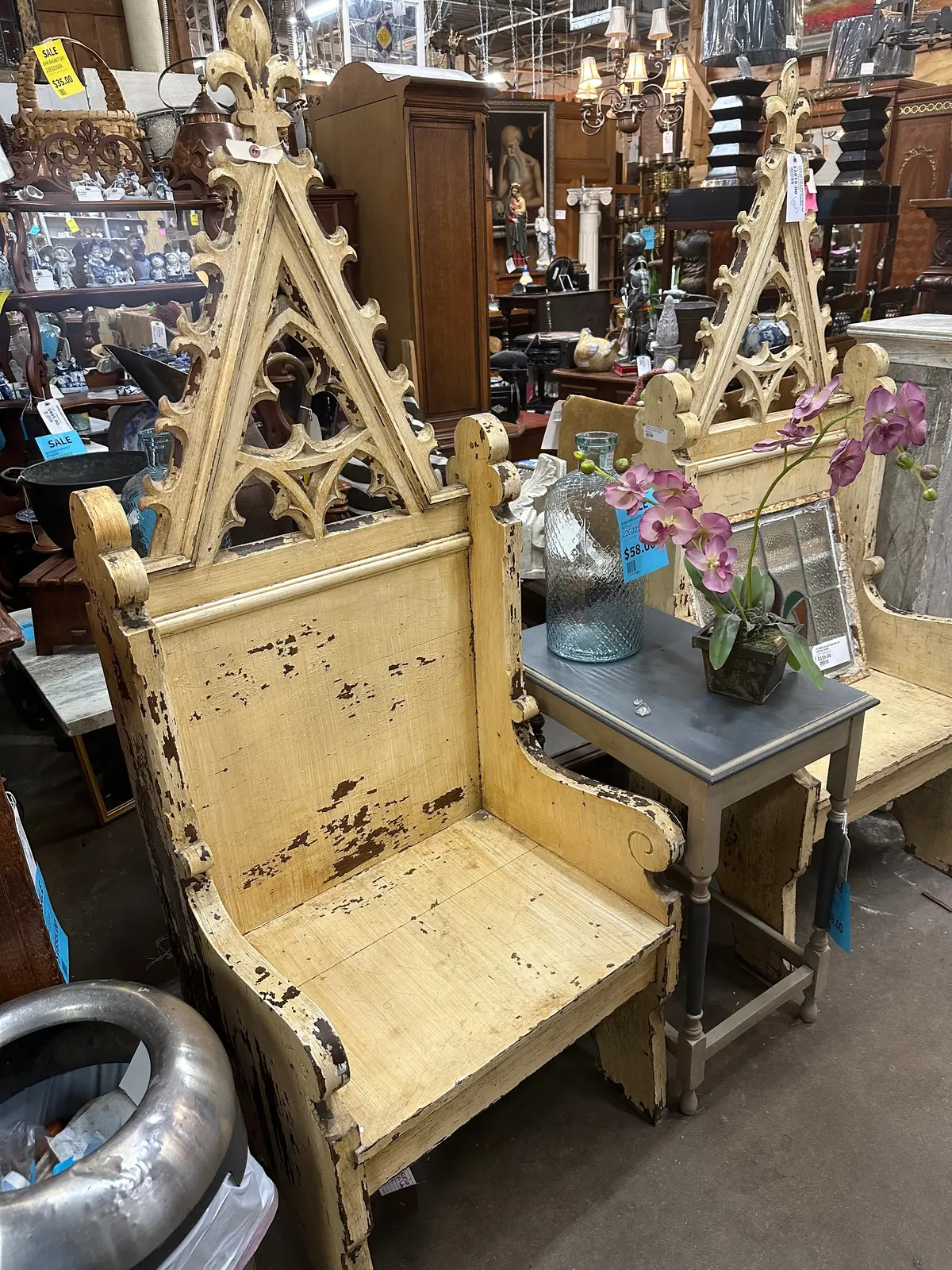Pair Of Tall Back Painted Gothic Church Chairs 1