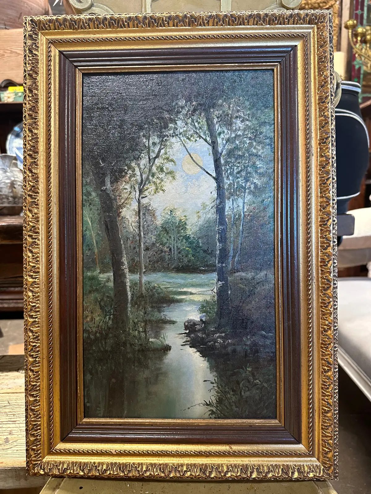 Moonlit Vertical Oil Painting Of Stream 1