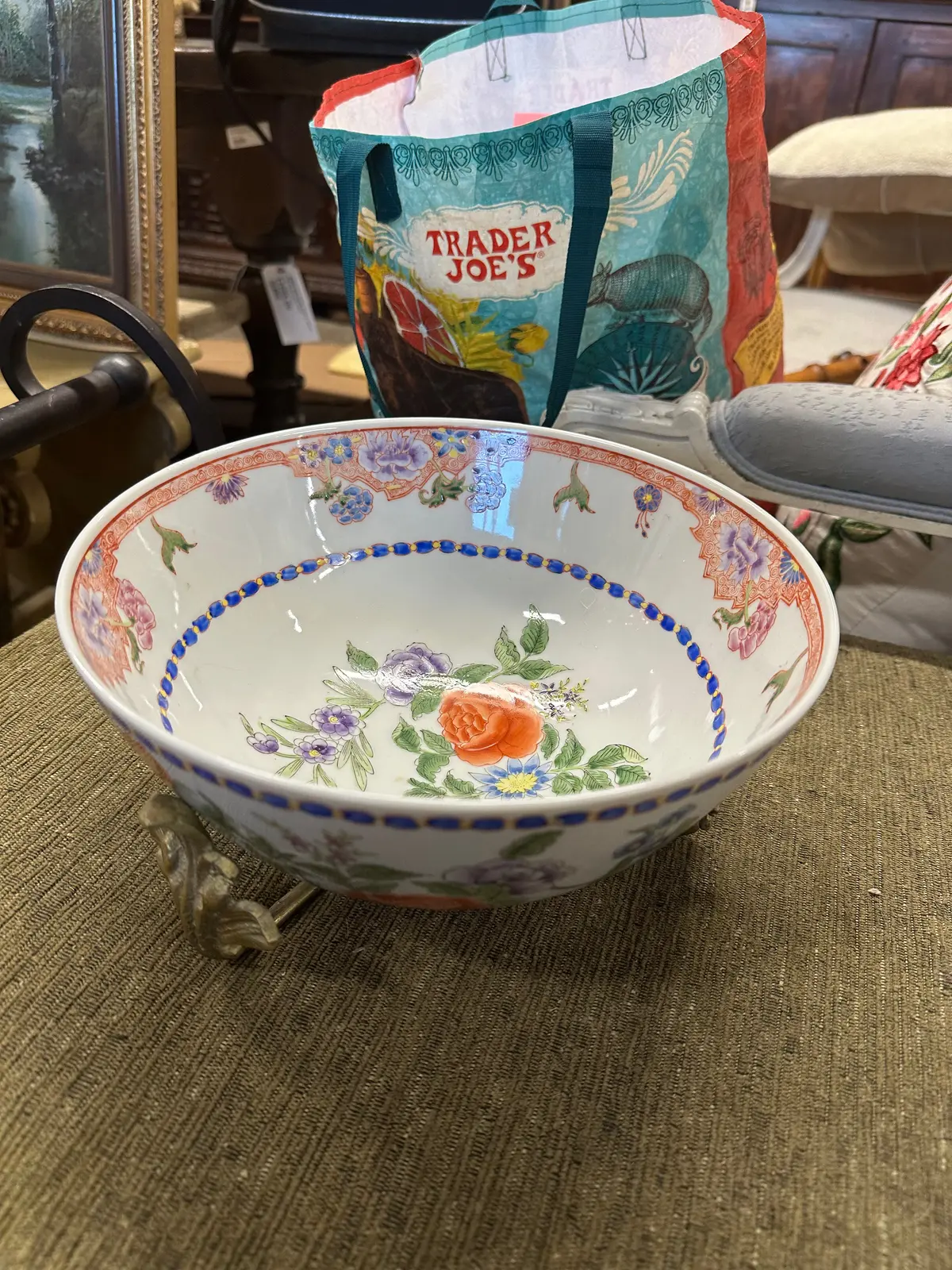 Chinese Floral Porcelain Floral Bowl On Brass Base 1