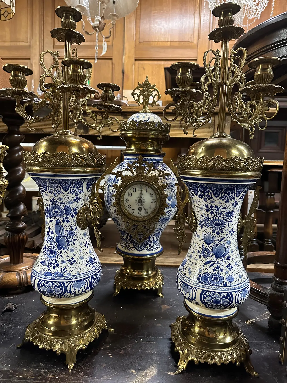 3 Piece Delft Clock Set With Garniture 1