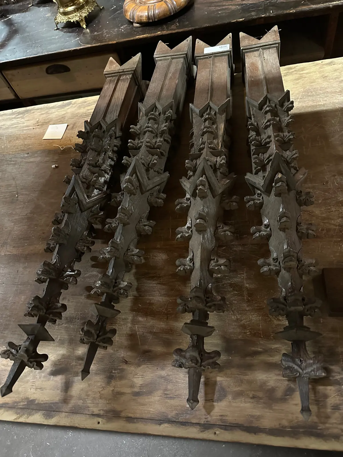 Set Of 4 Gothic Oak Ornate Spires 1