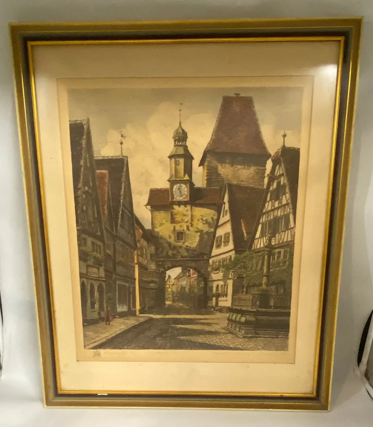 Rotterdam Hand Colored Signed Etching Of Clock Tower 1