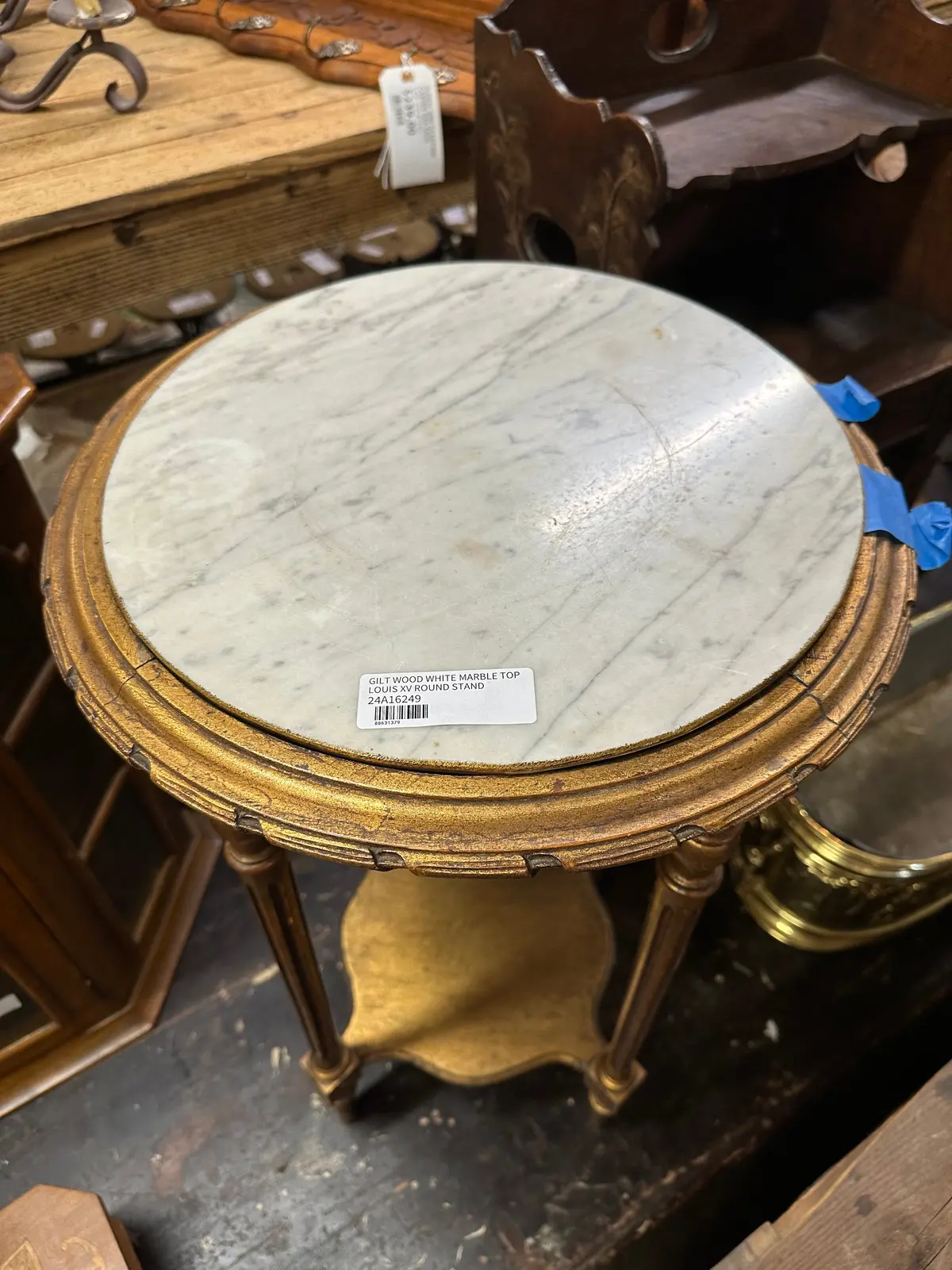 Gilt Wood White Marble Top Louis Xvi Round Stand 1